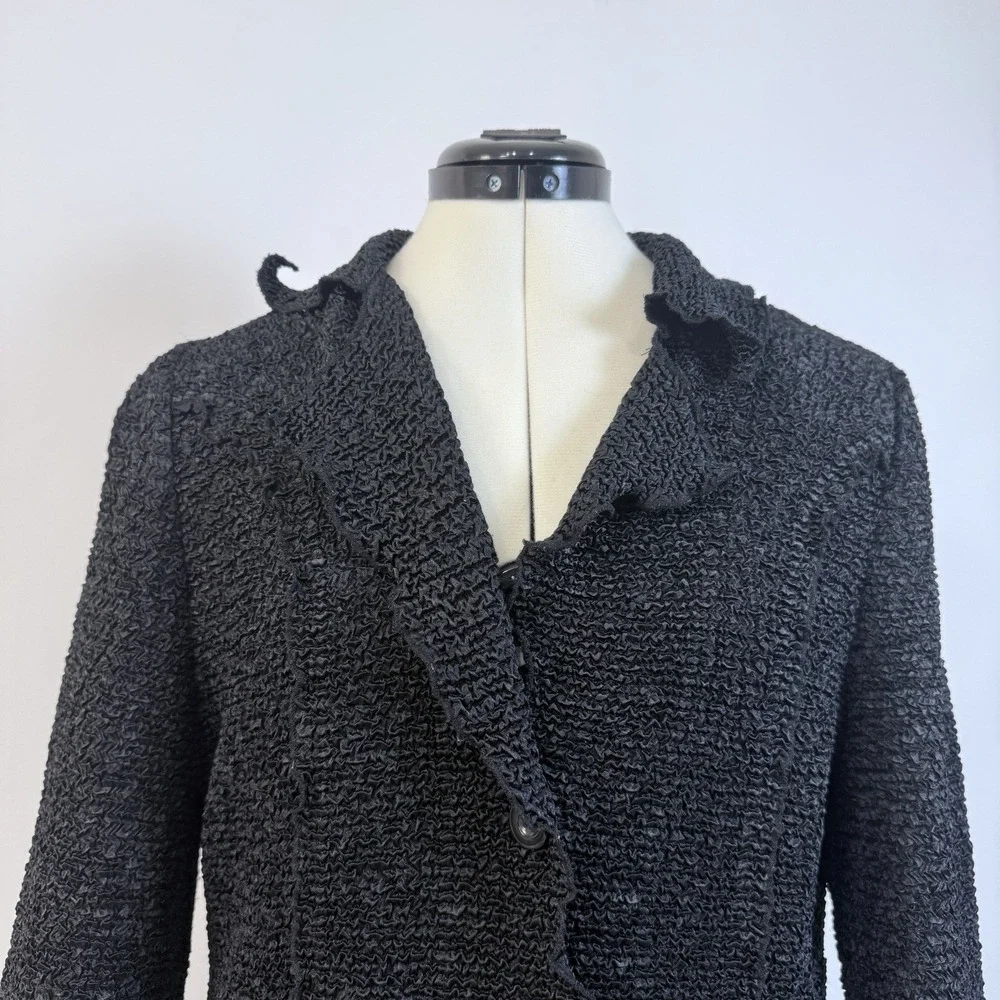 Vintage Blazer Jacket Womens‎ L Black Crinkle Texture Lettuce Ruffle Stretchy